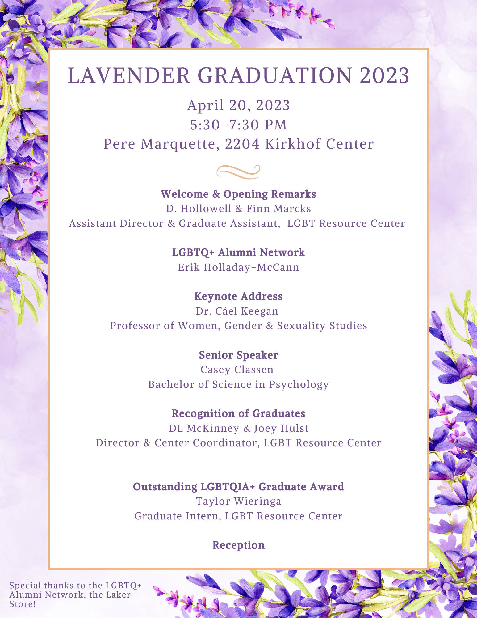 Lav Grad 2023 agenda: opening remarks, alumni network, keynote, senior speaker, recognition of grads, outstanding grad award, reception